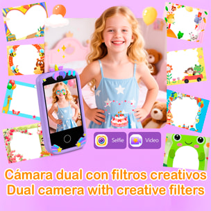 Telefono per bambini con 18 giochi e apprendimento in inglese, con fotocamera doppia e registrazione video. Schermo touchscreen da 2,8". Senza possibilità di SIM o chiamate. Custodia in silicone unicorno.