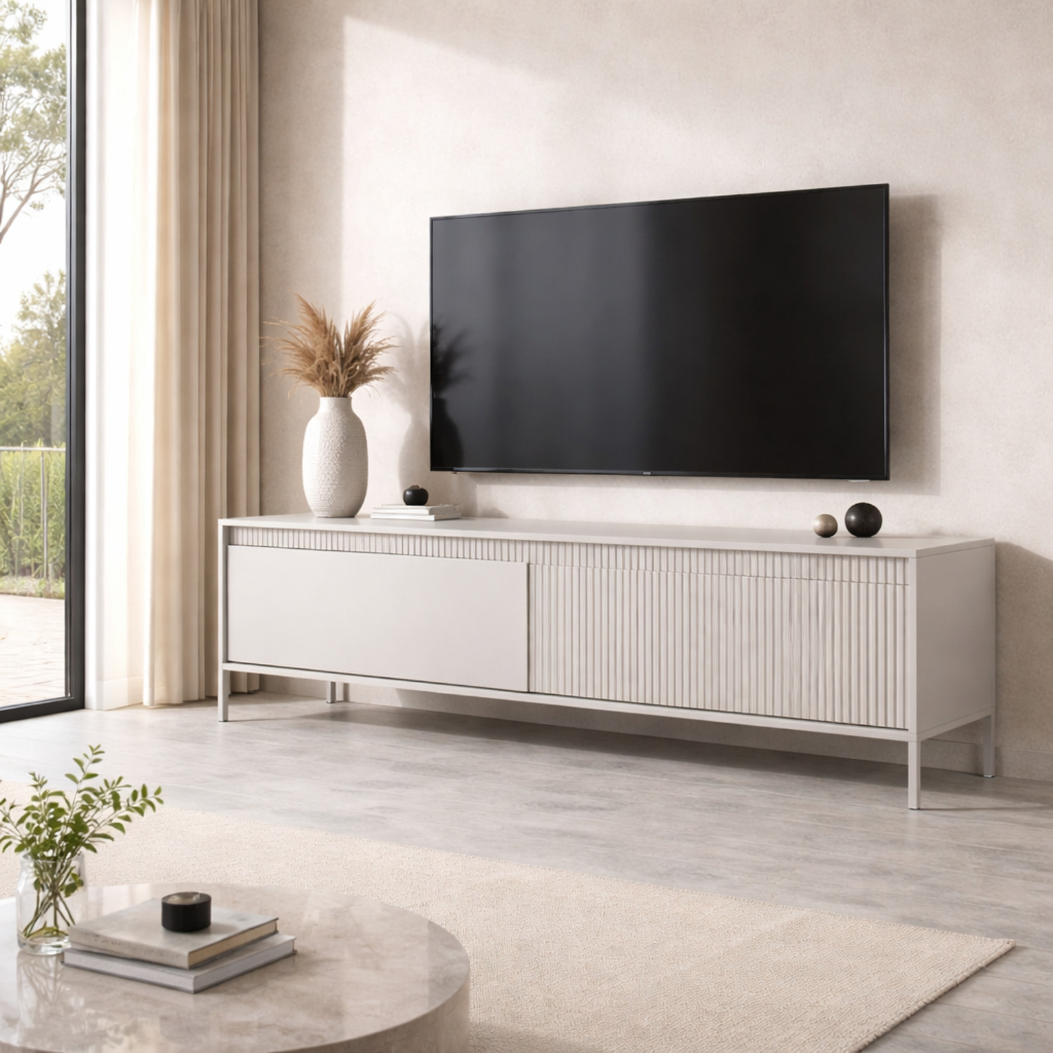 Mobile TV Moderno Con 2 Ante Push To Open Design Scanalato Elegante Minimal Base In Metallo Per Soggiorno Salotto 187.1 x 53.4 x 39.5 Cm Cashmere