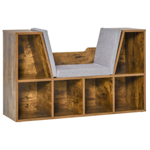Bibliothèque banc 2 en 1 design contemporain 6 casiers 3 coussins fournis 102L x 30l x 61H cm aspect bois vieilli gris