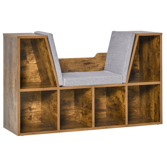 Bibliothèque banc 2 en 1 design contemporain 6 casiers 3 coussins fournis 102L x 30l x 61H cm aspect bois vieilli gris