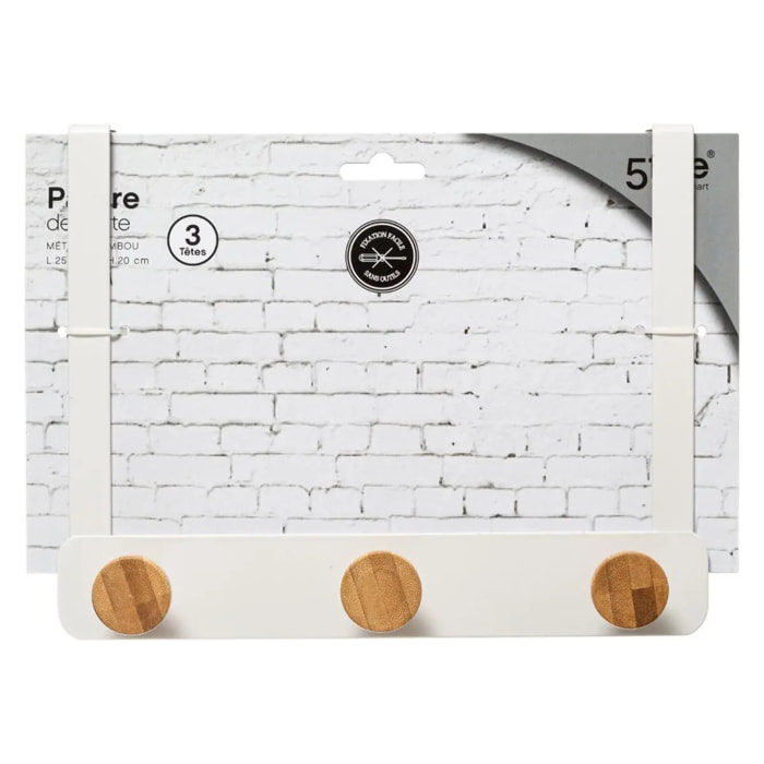 Patère 3 têtes métal et bambou blanc