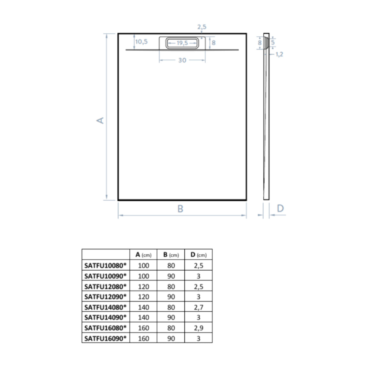 Fusion Receveur de douche 100x80cm en marbre coulé, avec siphon, blanc (SATFU10080BL)