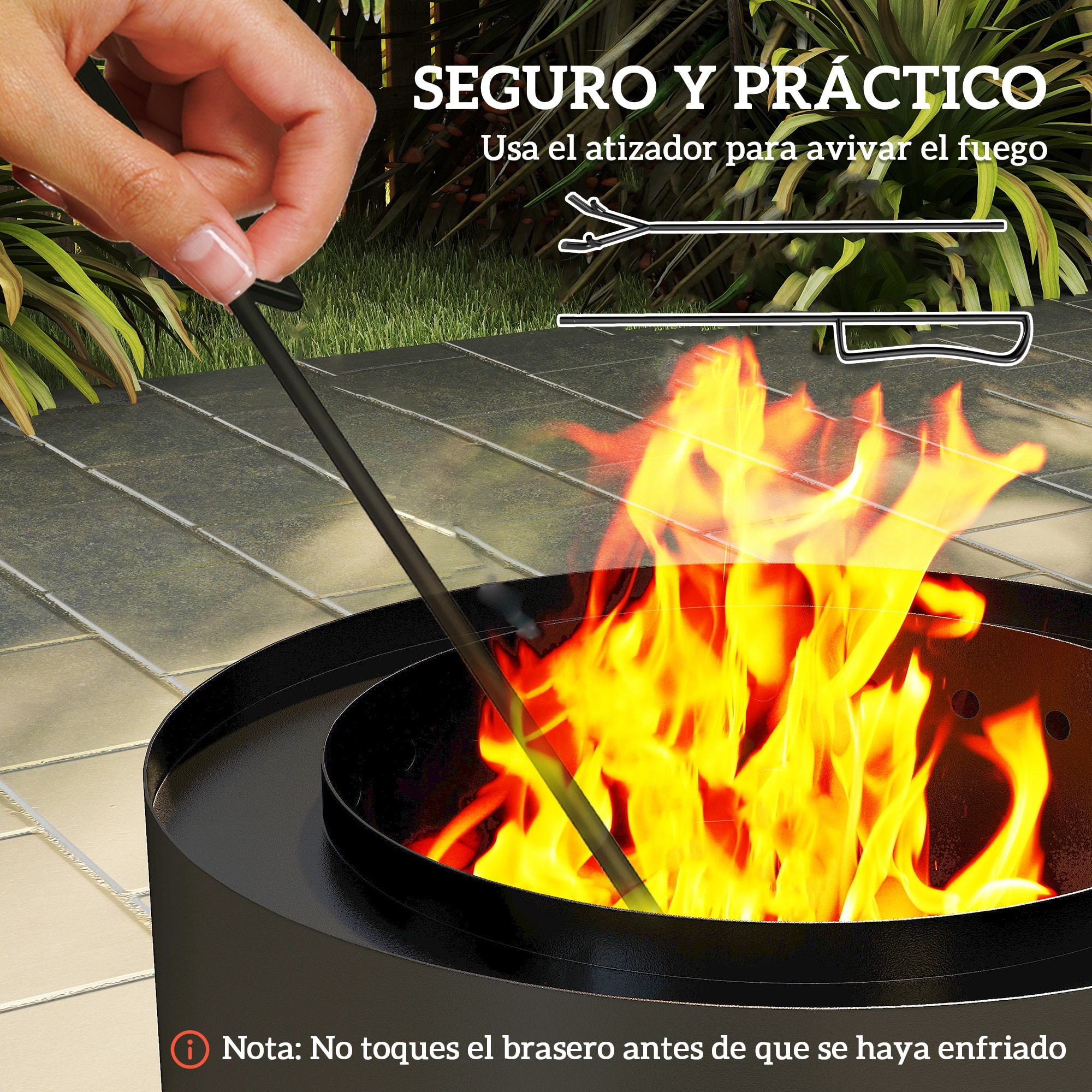 Brasero Exterior Redondo Ø45x42 cm de Acero Brasero Exterior Jardín con Bandeja para Cenizas y Atizador Protector de Chispas para Terraza Camping Fiesta Negro