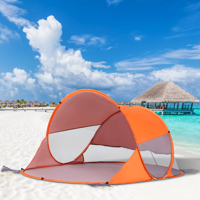 Abri de plage tente de plage pliable pop-up automatique instantané protection UV fenêtre arrière grand tapis de sol orange