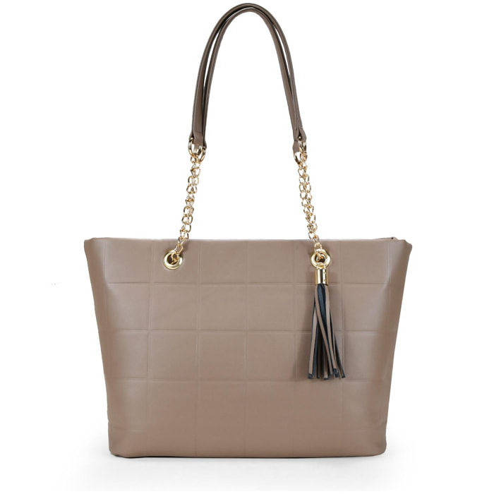 Bolso shopper taupe para portátil con cadena y colgante