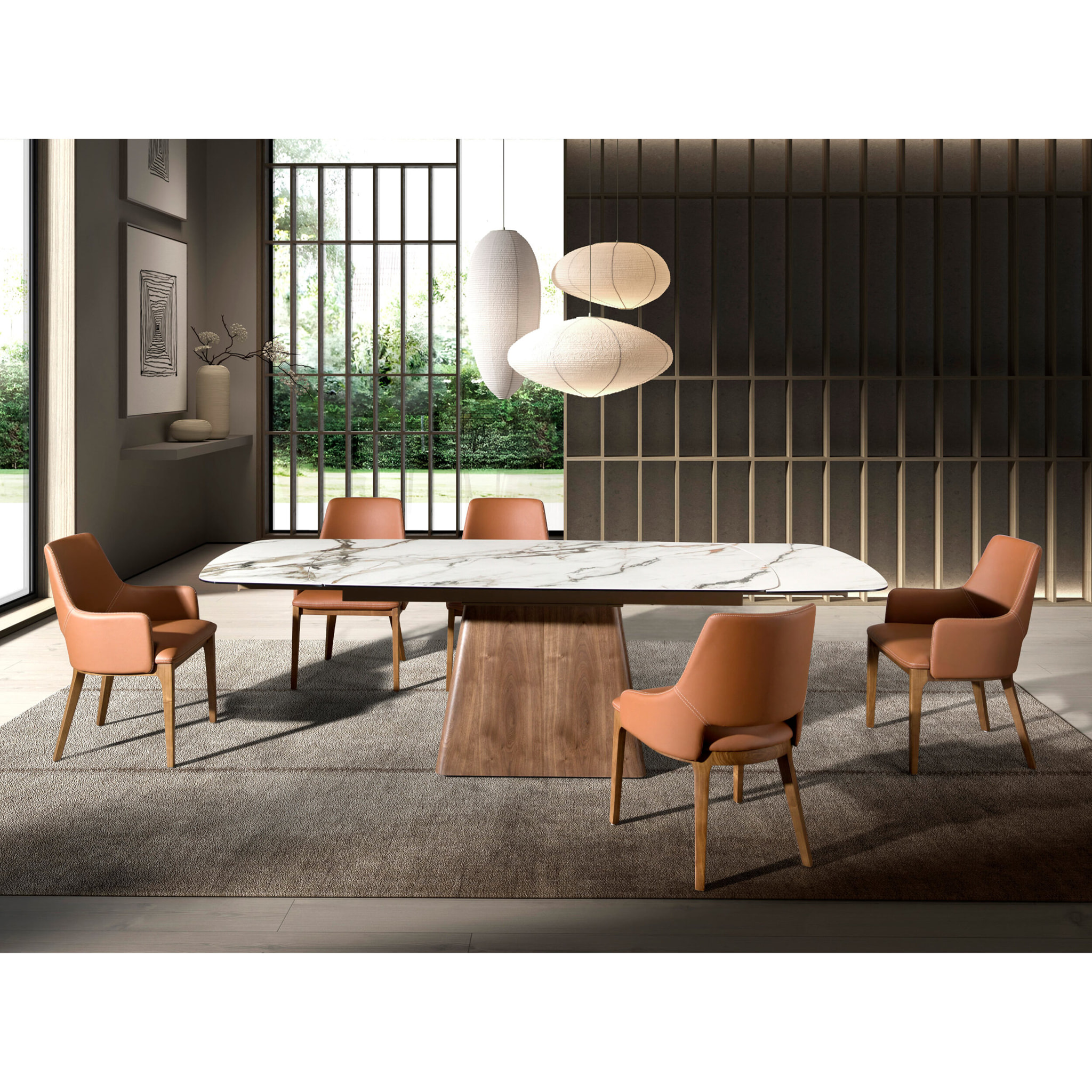Mesa comedor extensible rectangular con tapa de mármol porcelánico en blanco con vetas marrones en acabado mate 180x100x78cm