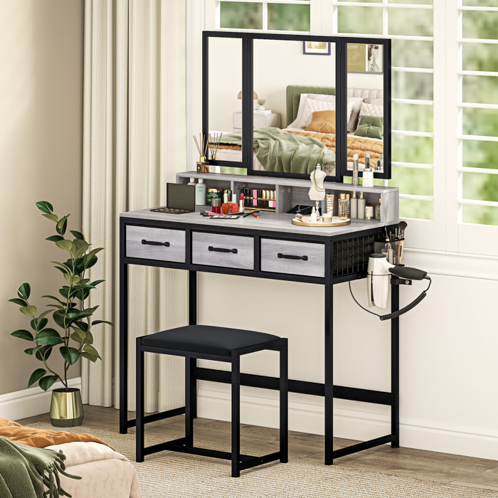 Tocador de Maquillaje con Espejo Tríptico Desmontable, Tocador con Taburete, 3 Cajones de Tela, Estantes, Soporte para Secador de Pelo, Cesta Metálica, para Dormitorio, Vestidor, Gris