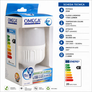 OMEGA Lampada Led Alta Potenza 20W 1700 Lumen E27 3000K
