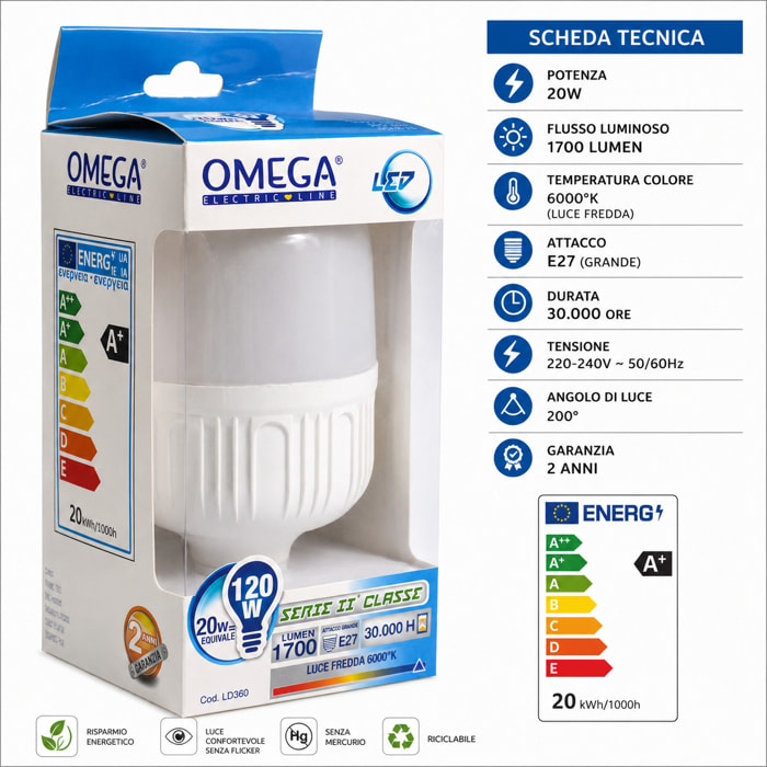 OMEGA Lampada Led Alta Potenza 20W 1700 Lumen E27 3000K