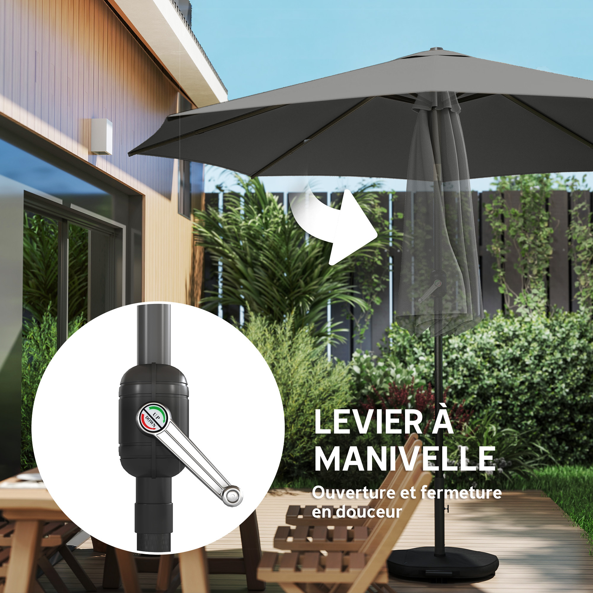 Parasol de jardin inclinable 3 x 2,5 m piètement et lestage inclus gris foncé