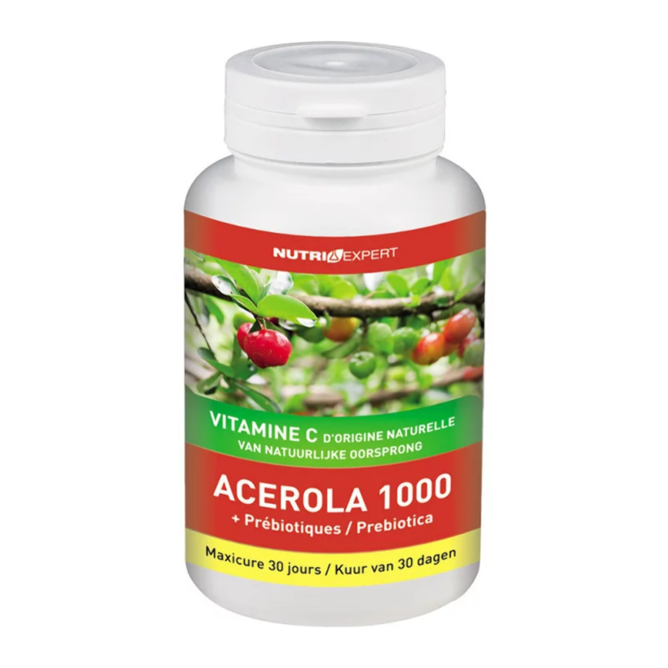 NUTRIEXPERT - Acérola 1000 - Vitamine C d'origine naturelle - Réduit la fatigue - Soutient l'immunité - Sans Gluten - Cure 30j