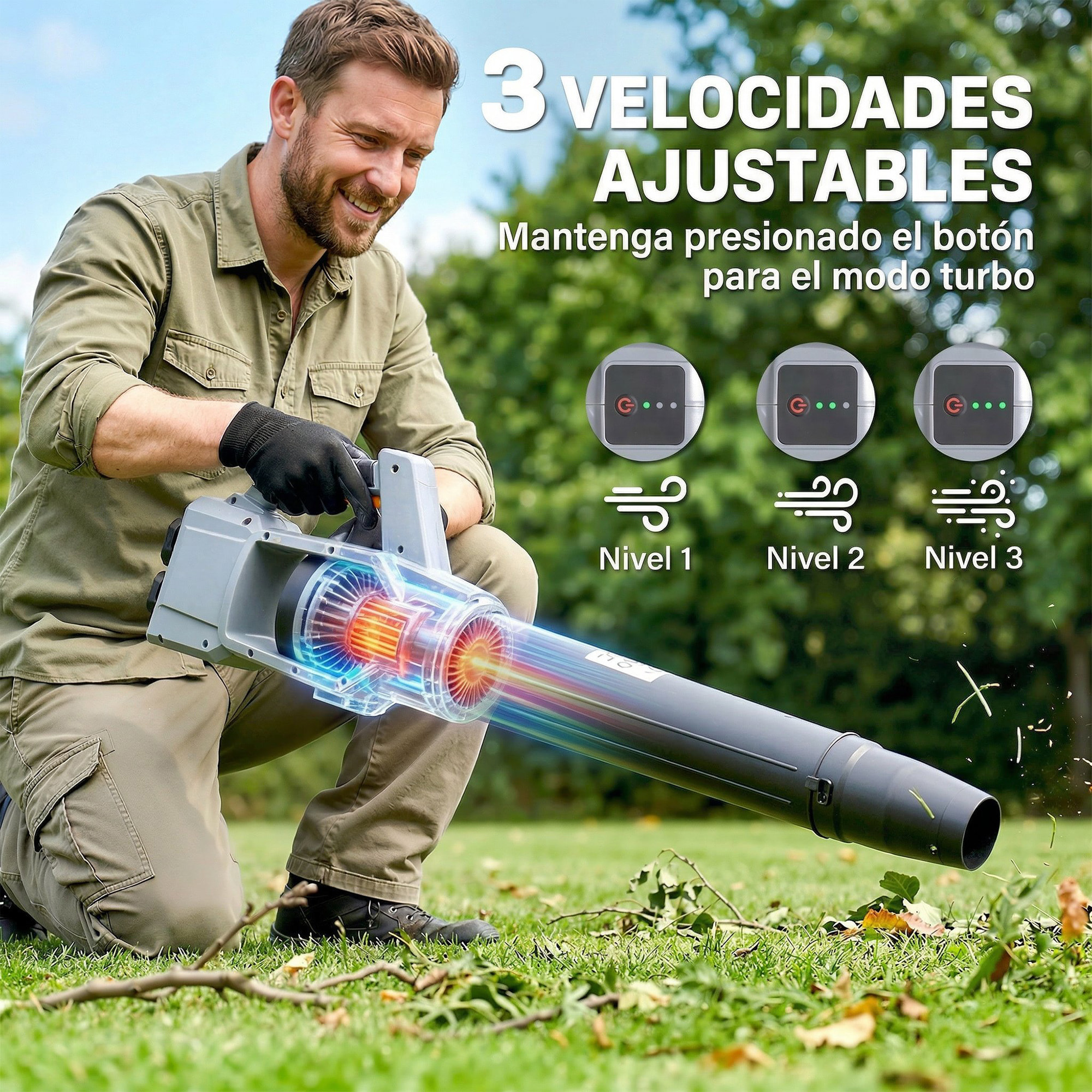 Soplador de Hojas sin Cable 36V (2x18V) con 2 Baterías 4.0Ah y Cargador, Motor Sin Escobillas 1000W, Modo Turbo, 3 Velocidades, Soplador Eléctrico Ligero para Jardín, Hojas, Polvo y Nieve