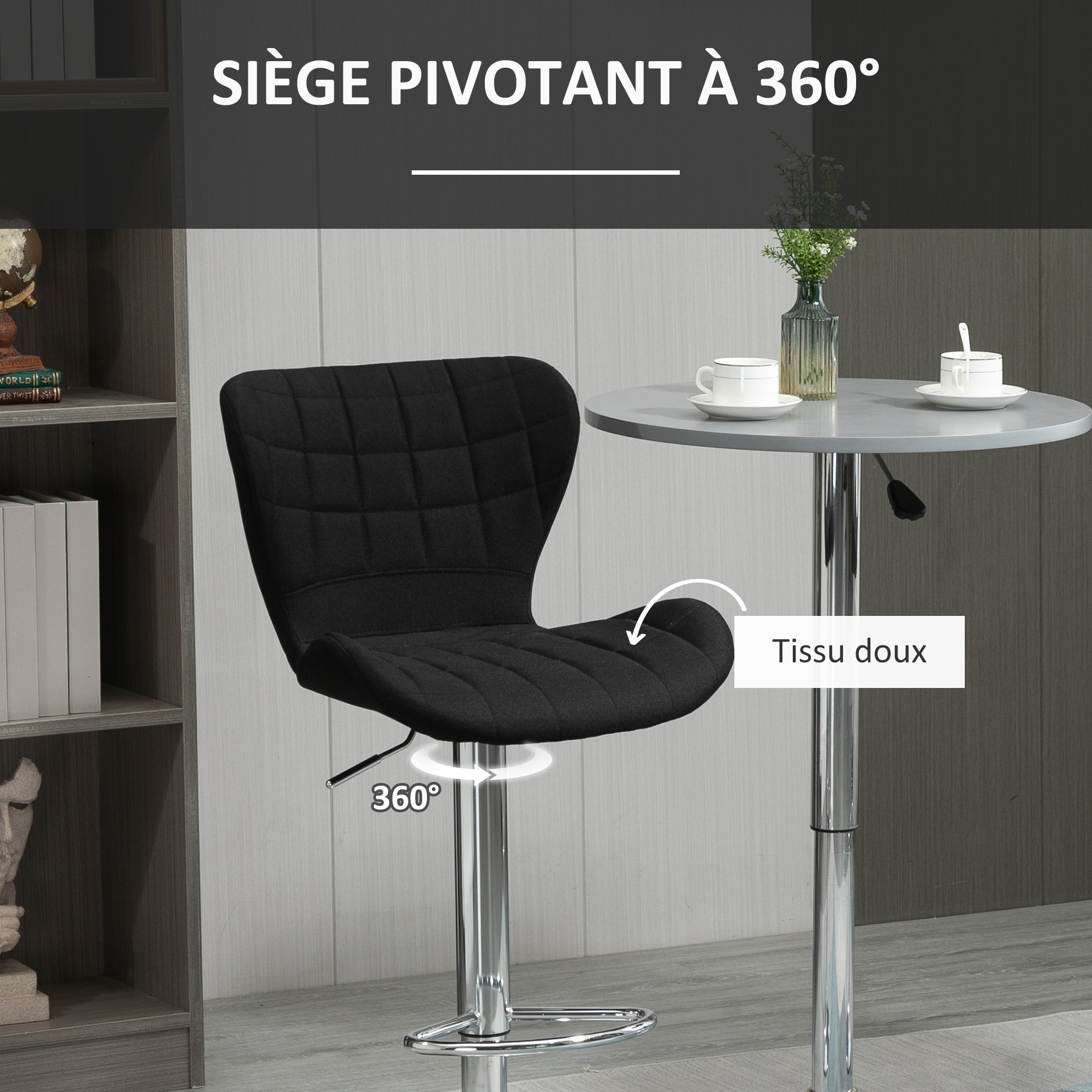 Lot de 2 tabourets de bar – Hauteur réglable – Pivotants 360°