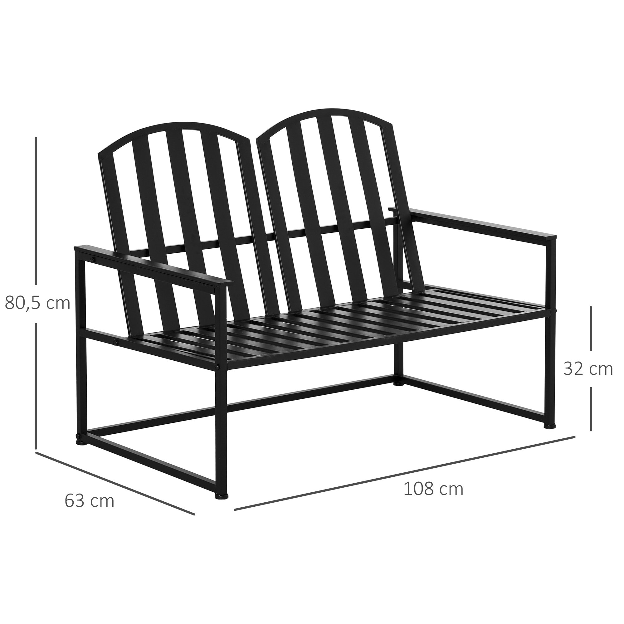 Banc de jardin design contemporain 2 places dim. 108L x 63l x 80H cm métal époxy noir