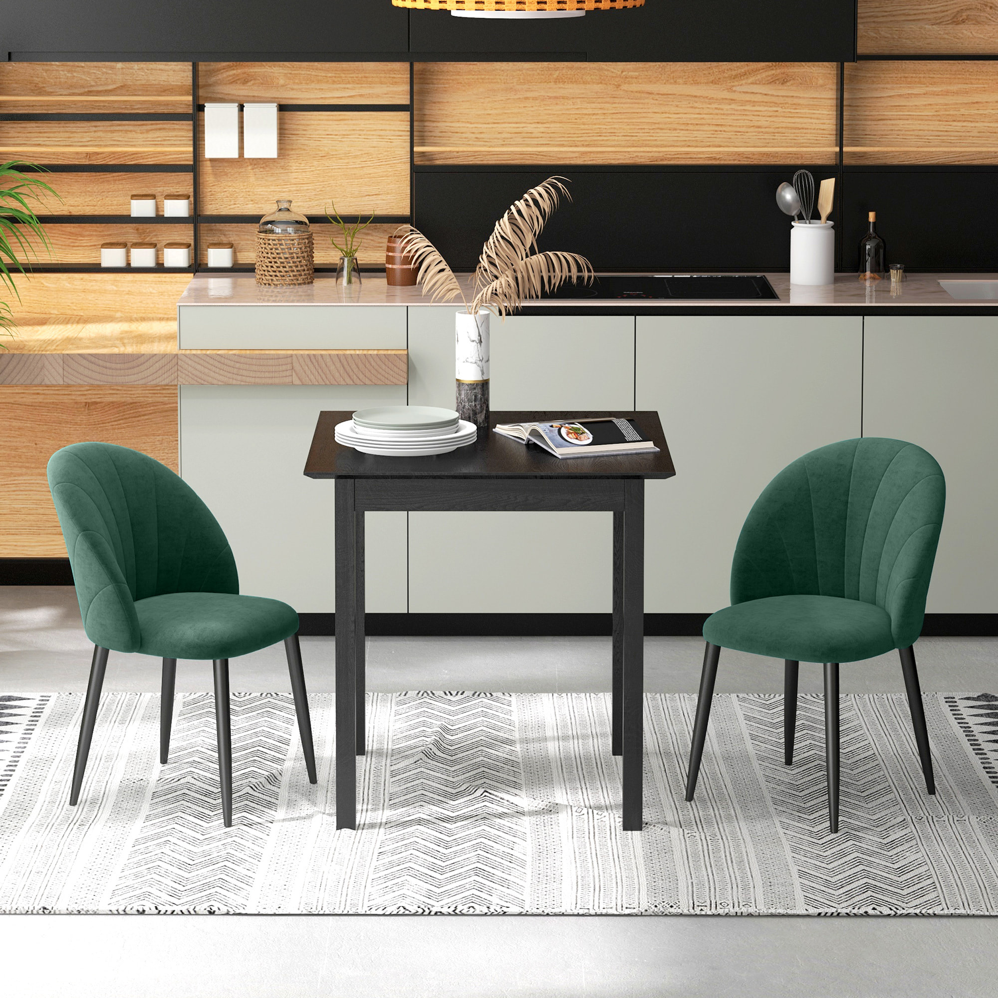 Lot de 2 chaises velours vert pieds métal noir dim. 52L x 54l x 79H cm