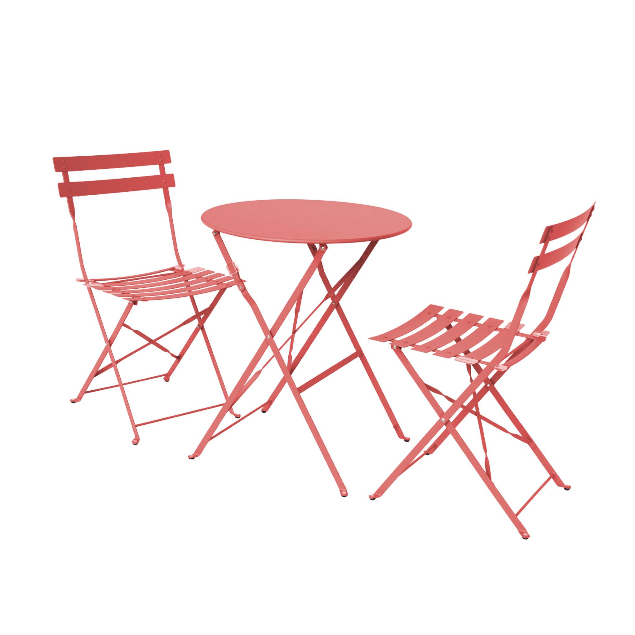 Table de jardin bistrot pliante métal + 2 assises terracotta Ø60 x 70cm. acier thermolaqué