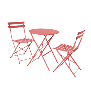 Table de jardin bistrot pliante métal + 2 assises terracotta Ø60 x 70cm. acier thermolaqué