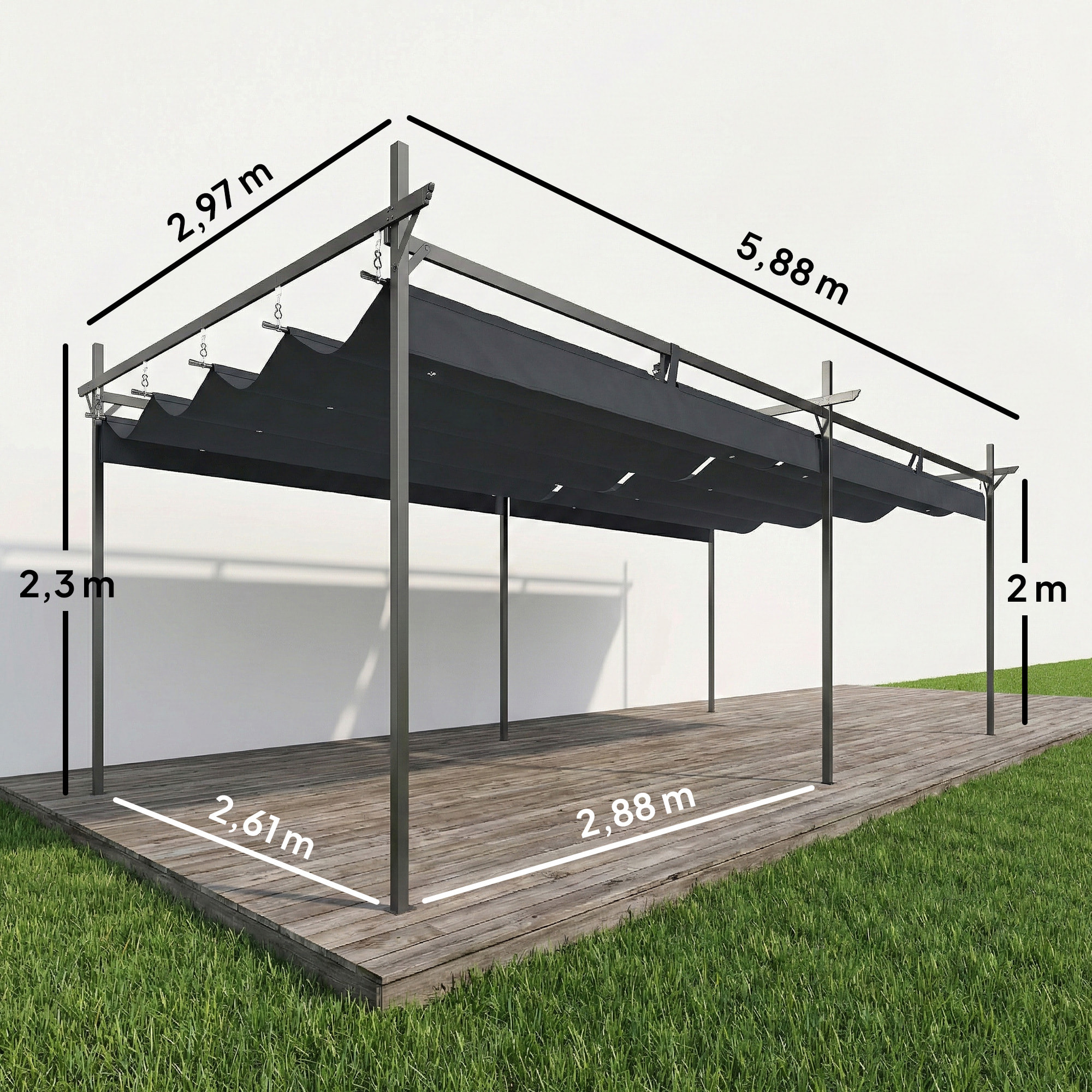 Pérgola de Jardín 6x3 m con Techo Retráctil, Cenador de Jardín con UPF30+, Estructura Metálica, Tela de Poliéster, Pabellón para Exterior, Terraza, Gris Oscuro