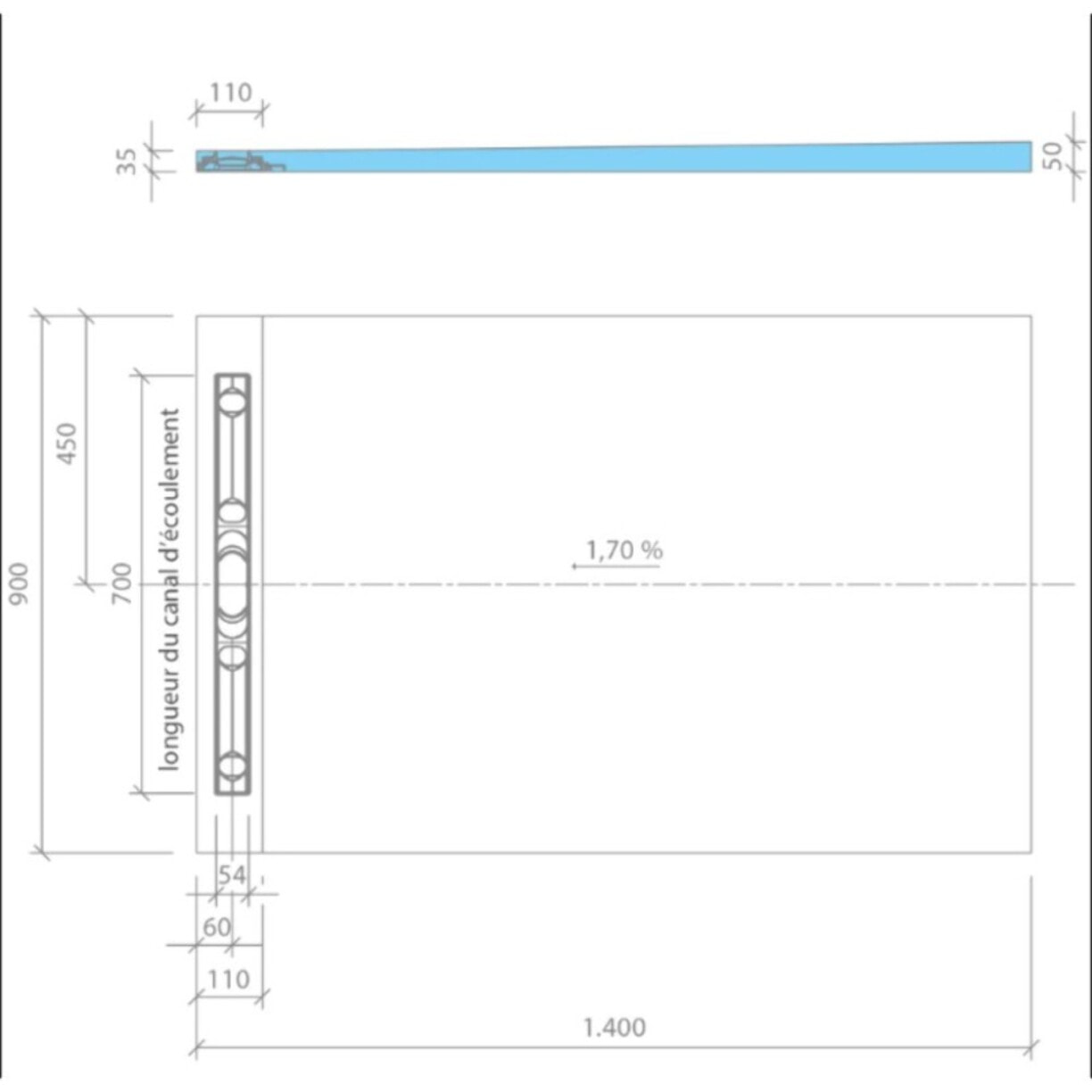 Receveur à carreler 140 x 90 cm Wedi Fundo Riolito Neo + barrette + bonde verticale + kit d'étanchéité et colle 320