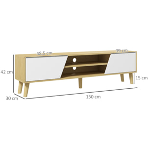 Meuble TV bas sur pied style scandinave 2 portes 2 niches piètement effilé incliné bois panneaux blanc aspect chêne clair