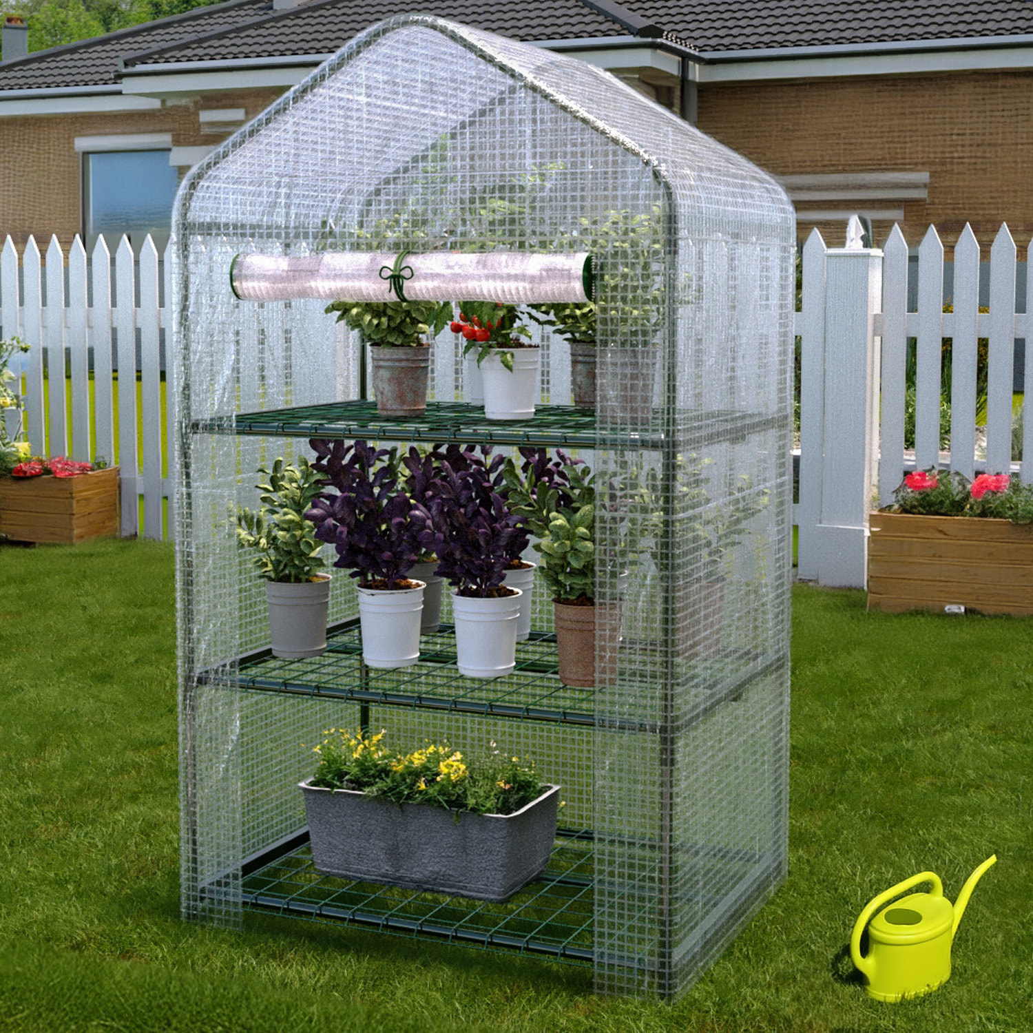Serra A 3 Ripiani Da Giardino Per Orto Telaio In Acciaio Verniciato Telo In PVC Trasparente Porta Avvolgibile Apertura A Cerniera 69x49x125 Cm