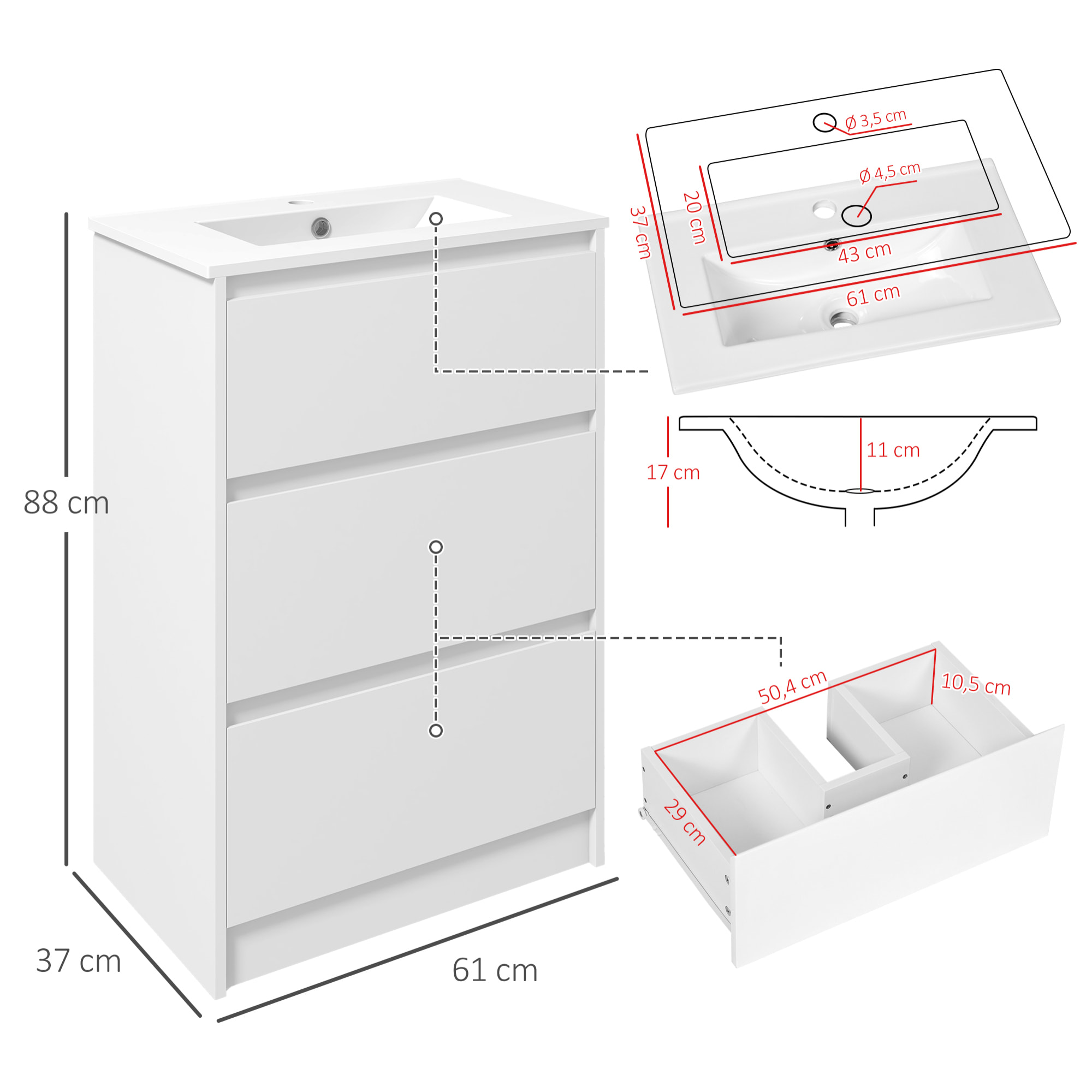 Meuble sous-vasque - vasque céramique incluse - 2 tiroirs - dim. 61L x 37l x 88H cm - blanc laqué