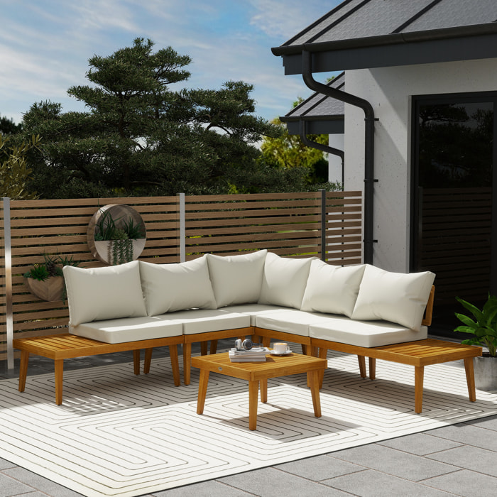 Salon de jardin d'angle 5 places en bois d'acacia avec table basse et tablettes latérales coussins crème