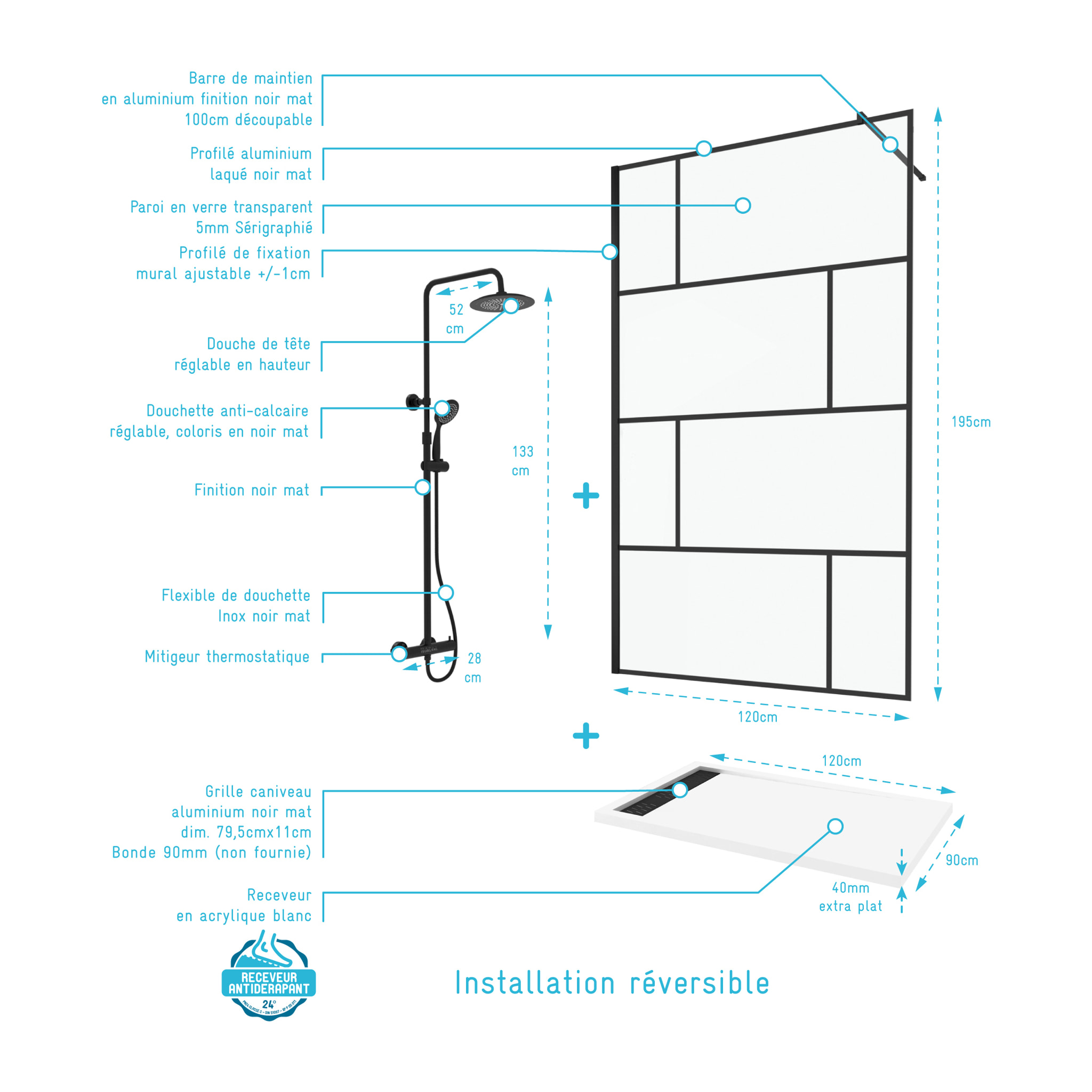Paroi de Douche 120 cm Sérigraphie Noire et Receveur Blanc 80x120 + Colonne de Douche Thermostatique