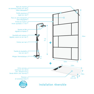 Paroi de Douche 120 cm Sérigraphie Noire et Receveur Blanc 80x120 + Colonne de Douche Thermostatique