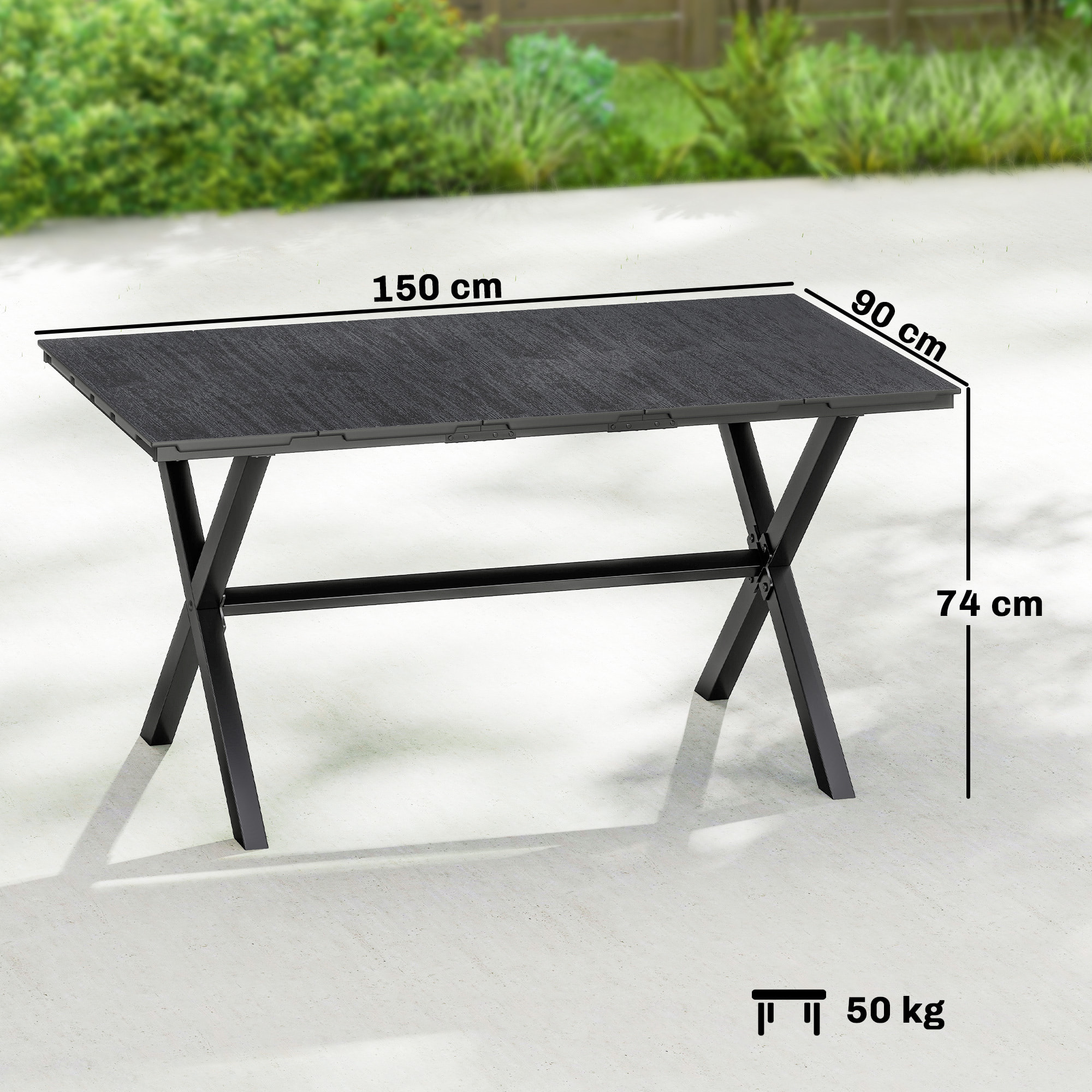 Mesa de Comedor de Jardín Rectangular, Mesa de Terraza Exterior 150x90x74 cm, con Encimera de HDPE de Listones y Estructura Metálica, para 6 Personas, Carga 50 kg, para Patio, Balcón, Negro