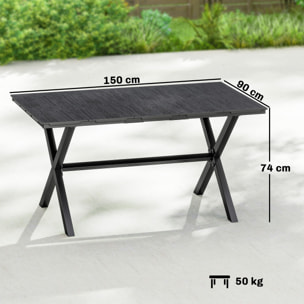Mesa de Comedor de Jardín Rectangular, Mesa de Terraza Exterior 150x90x74 cm, con Encimera de HDPE de Listones y Estructura Metálica, para 6 Personas, Carga 50 kg, para Patio, Balcón, Negro