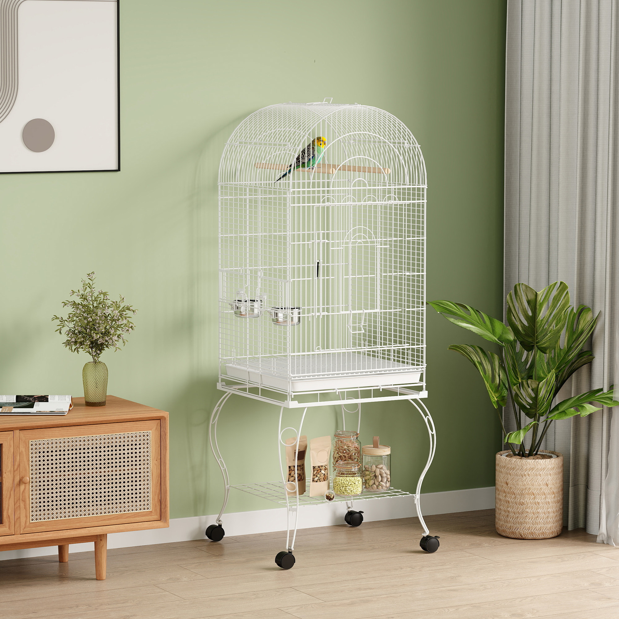 Jaula para Pájaros con Ruedas y Estante, 51x51x153 cm, Jaula Grande con Parte Superior Abatible, 2 Comederos, 2 Perchas, 4 Puertas y Bandeja Extraíble, para Loros y Canarios, Blanco