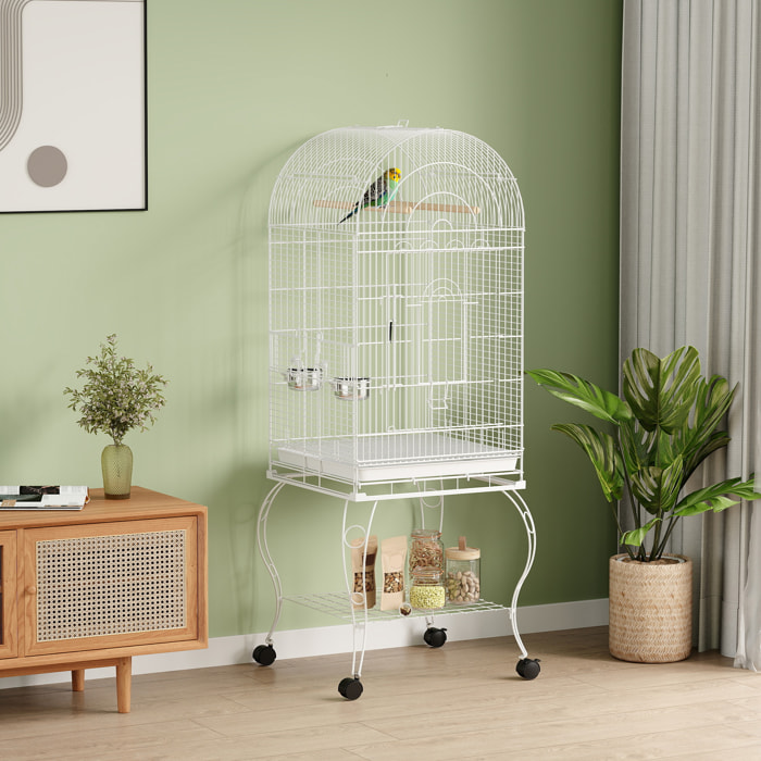 Jaula para Pájaros con Ruedas y Estante, 51x51x153 cm, Jaula Grande con Parte Superior Abatible, 2 Comederos, 2 Perchas, 4 Puertas y Bandeja Extraíble, para Loros y Canarios, Blanco