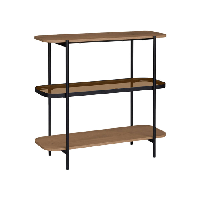 Etagère bibliothèque verre, décor bois et métal 3 niveaux SMOOKY
