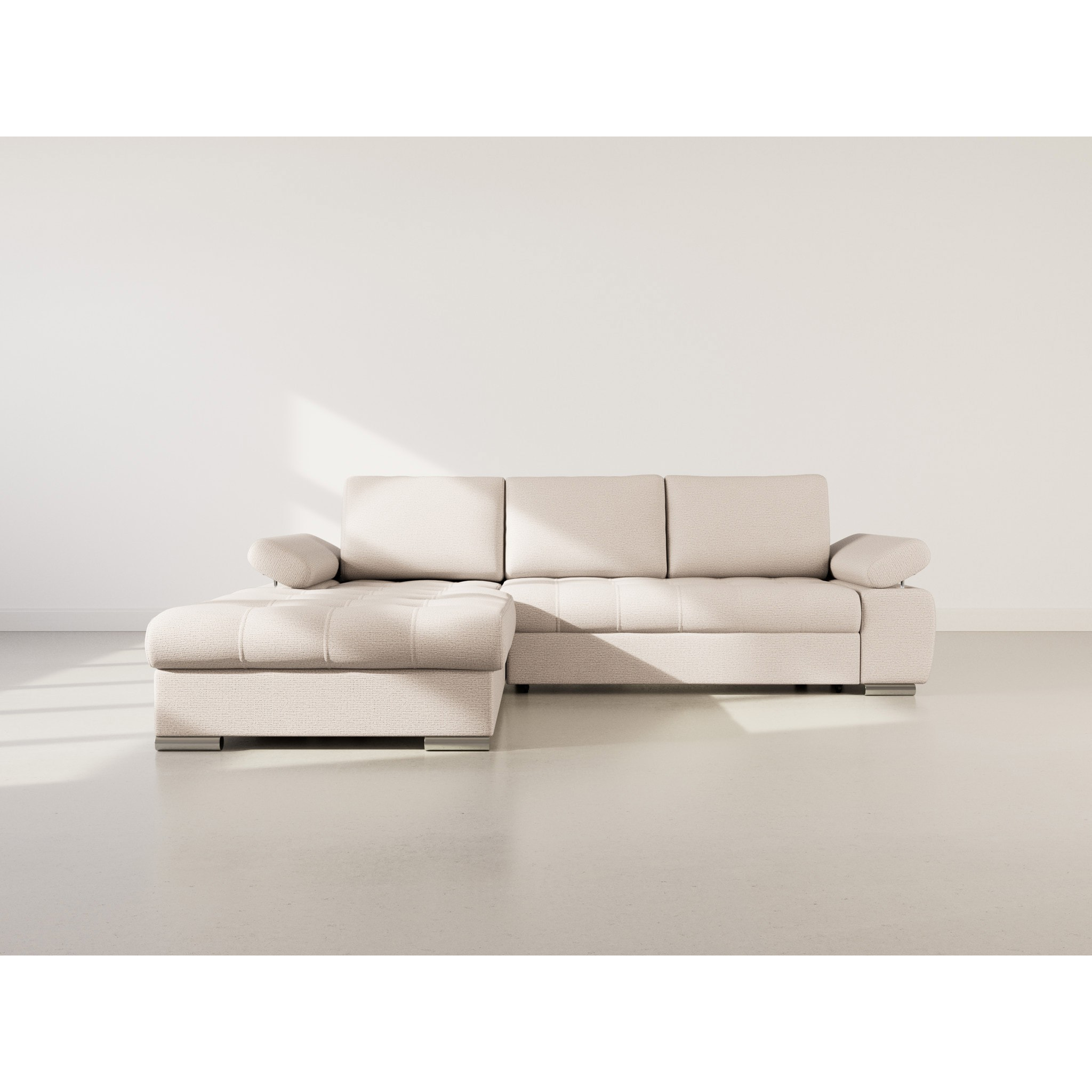 Bianca - Canapé d'angle gauche 4 places convertible avec coffre en tissu texturé - Beige