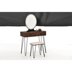 Coiffeuse design - miroir LED intégré - 2 tiroirs + 1 organisateur - tabouret inclus - métal noir MDF imitation bois noyer foncé