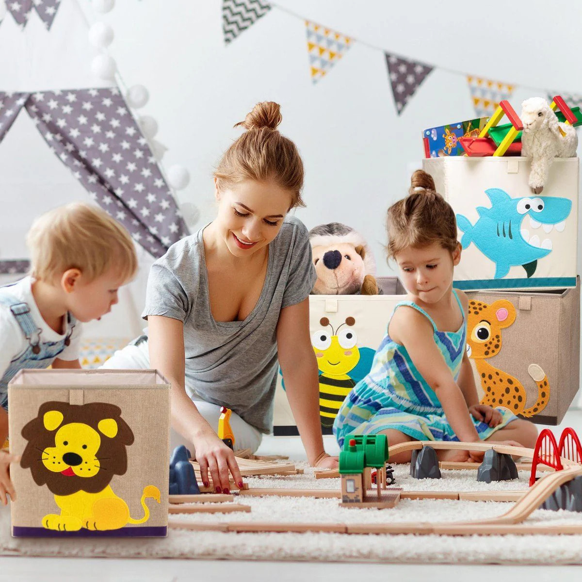 Boîte de rangement en tissu pour enfant "lion" sur fond clair, compatible Ikea Kallax Lifeney