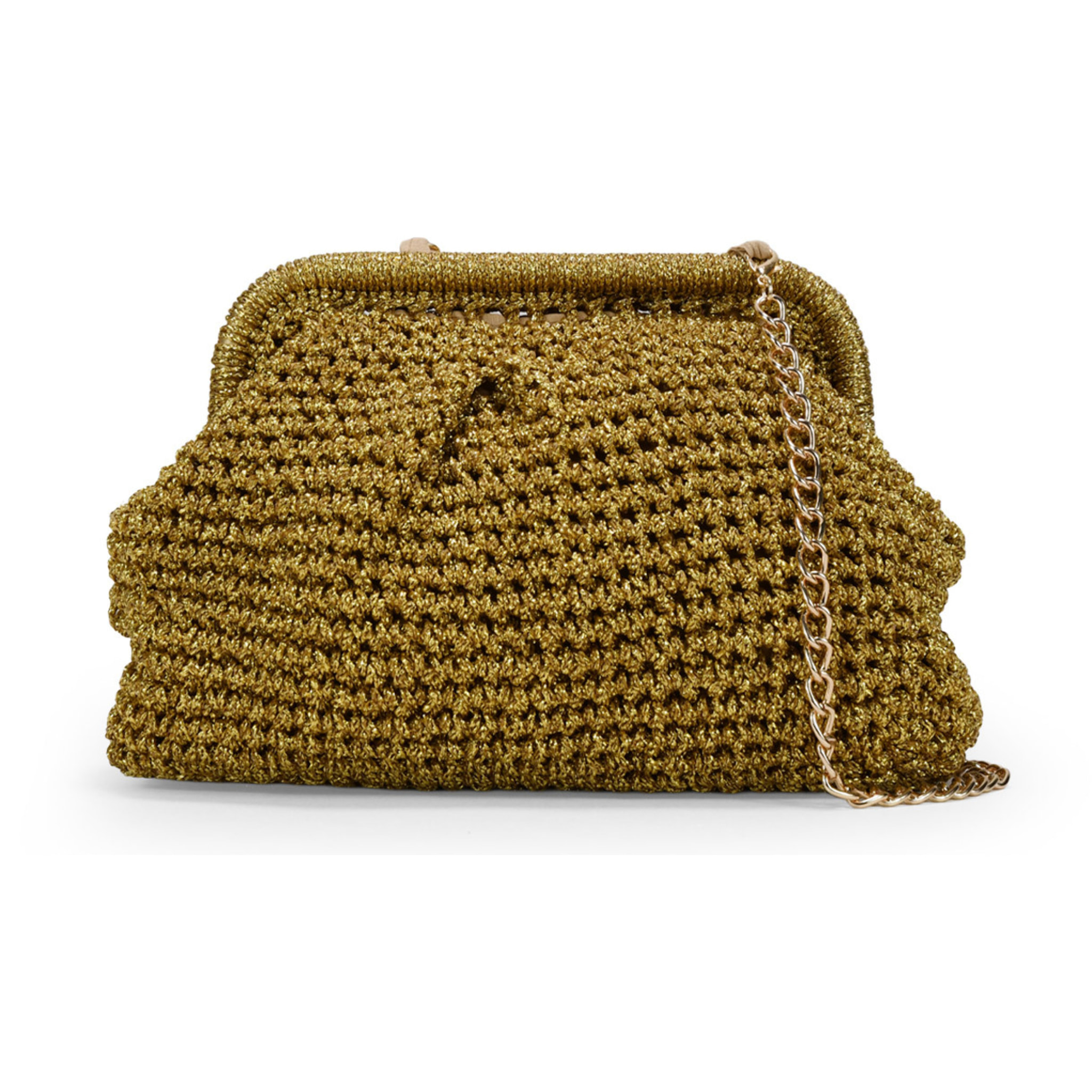 Bolso clutch dorado de rafia con cadena