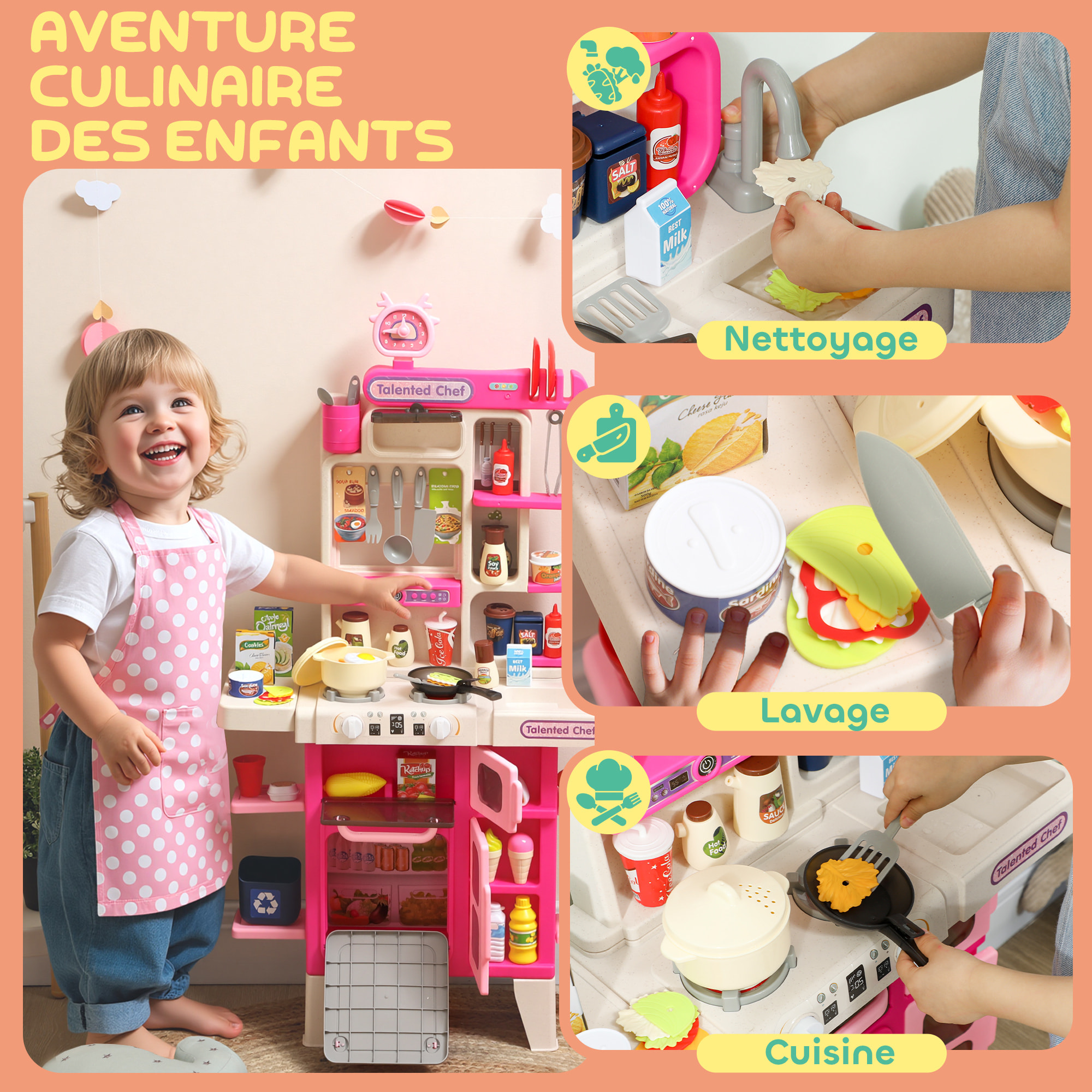 Cuisine pour enfant nombreux accessoires jouet d'imitation avec lumières et sons 3-6 ans rose