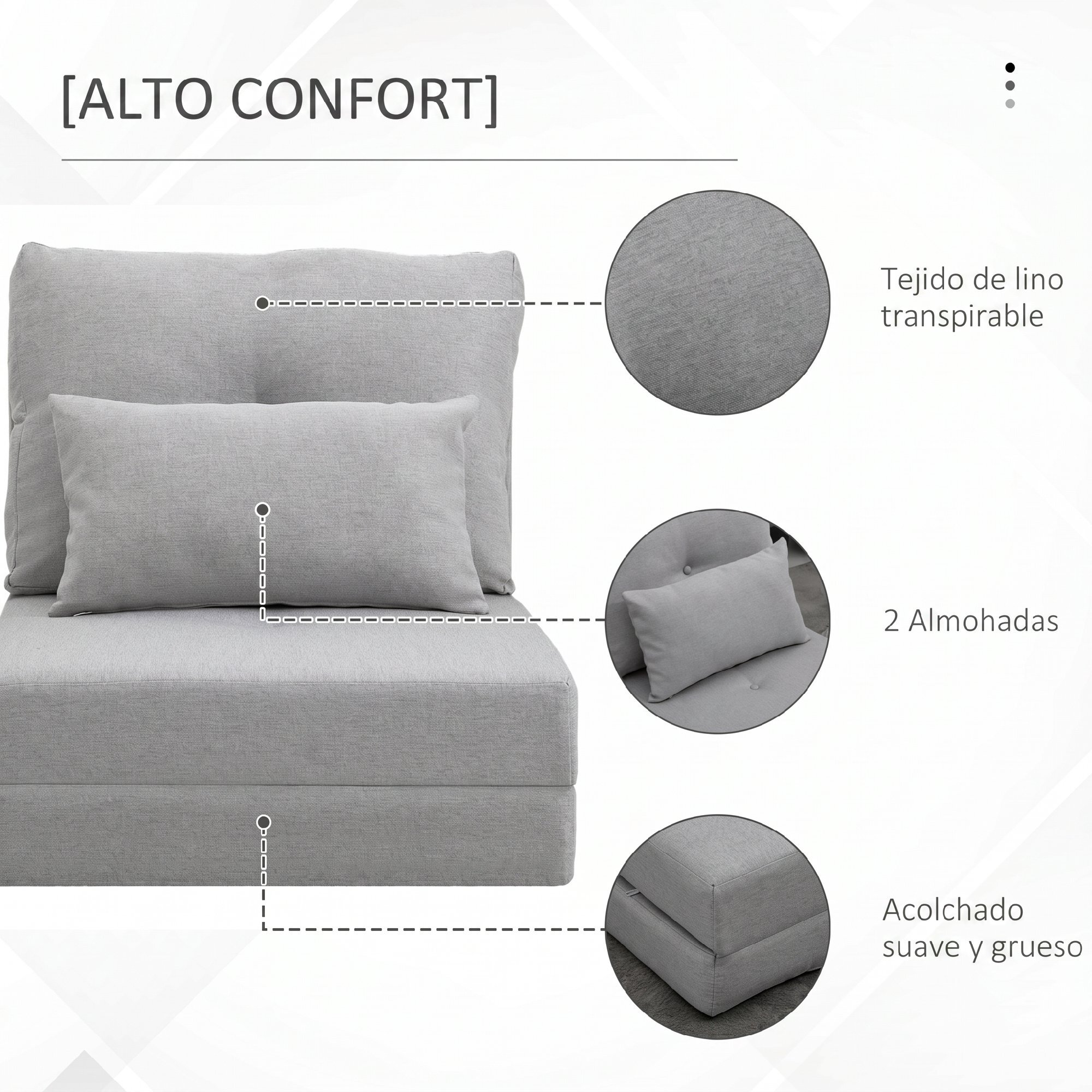 HOMCOM Sofá Cama Individual Plegable 3 en 1, Sofá Cama, Tapizado en Lino, con Respaldo Ajustable 5 Posiciones, Almohadas, Marco Metálico, para Dormitorio, Salón, Gris Claro
