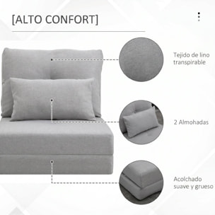 HOMCOM Sofá Cama Individual Plegable 3 en 1, Sofá Cama, Tapizado en Lino, con Respaldo Ajustable 5 Posiciones, Almohadas, Marco Metálico, para Dormitorio, Salón, Gris Claro