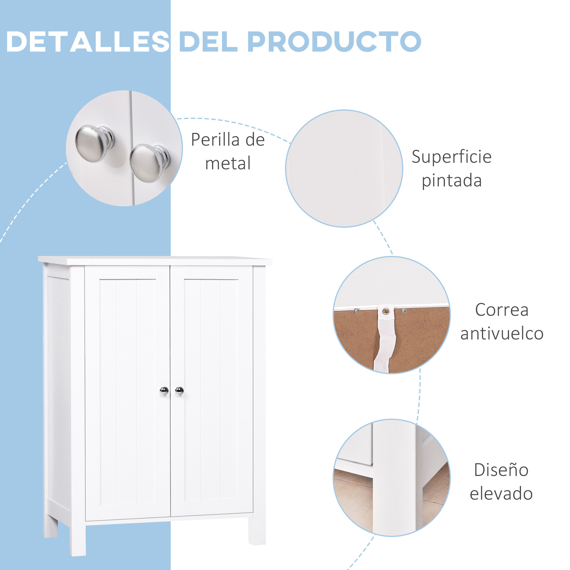 Armario de Baño con 2 Puertas y 2 Estantes Ajustables Interiores Mueble Auxiliar de Almacenaje para Salón Cocina Antivuelco 60x30x80 cm Blanco