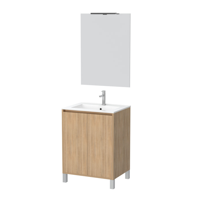 Pack Meuble Salle de Bains 60cm Chêne Clair 2 Portes, Vasque, Miroir 60x80 et réglette Led - XENOS