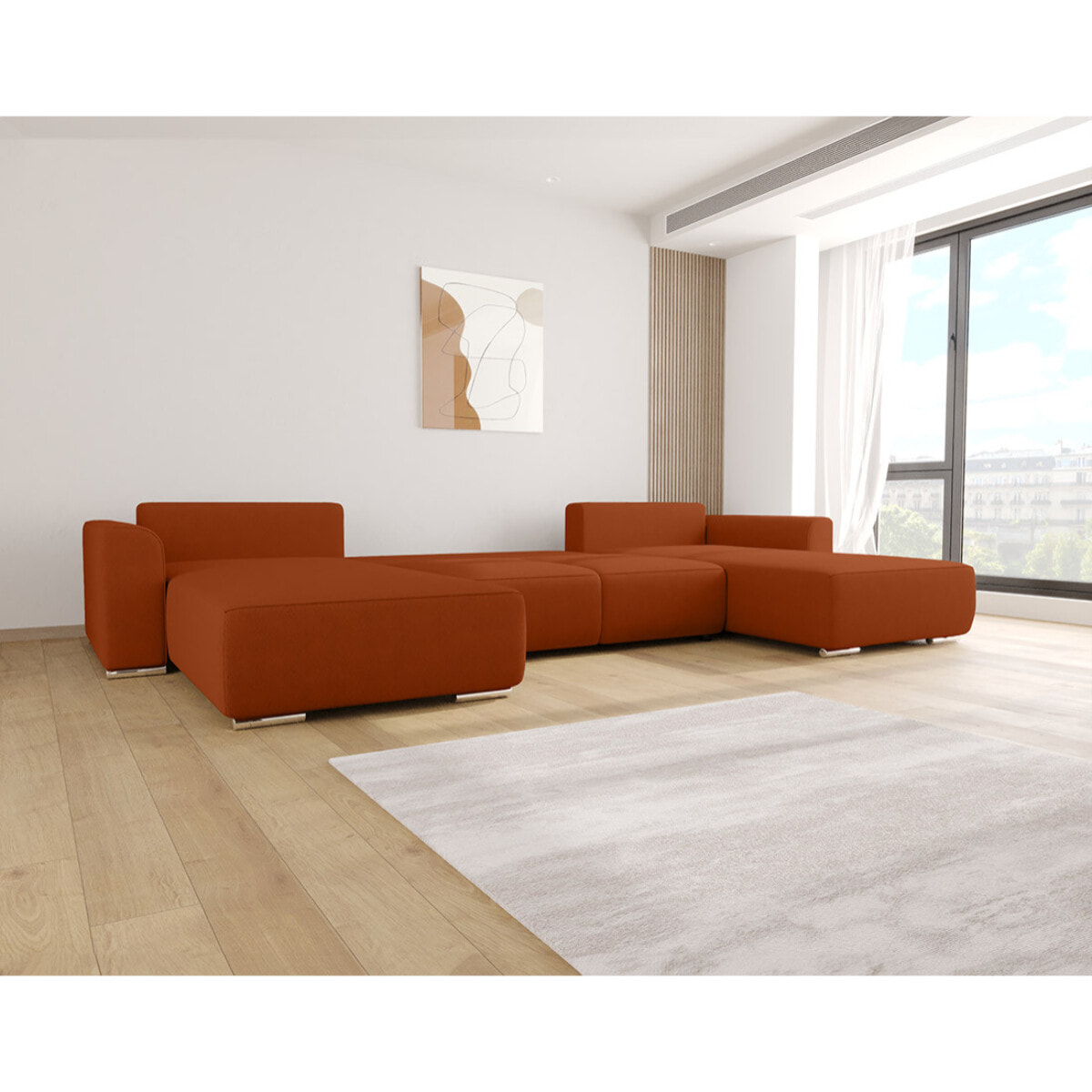 Gabriel - Canapé panoramique en U 7 places convertible avec coffre en tissu texturé - Rouge