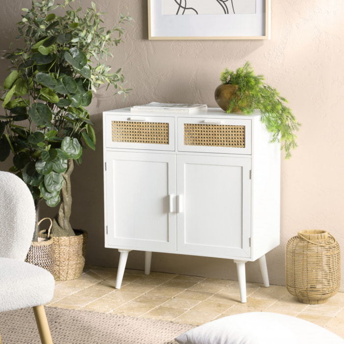 SANDRO - Buffet blanc 2 portes 2 tiroirs cannage naturel