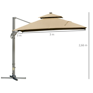 Parasol déporté LED carré double toit inclinable pivotant 360° manivelle piètement acier dim. 3L x 3l x 2,66H m beige