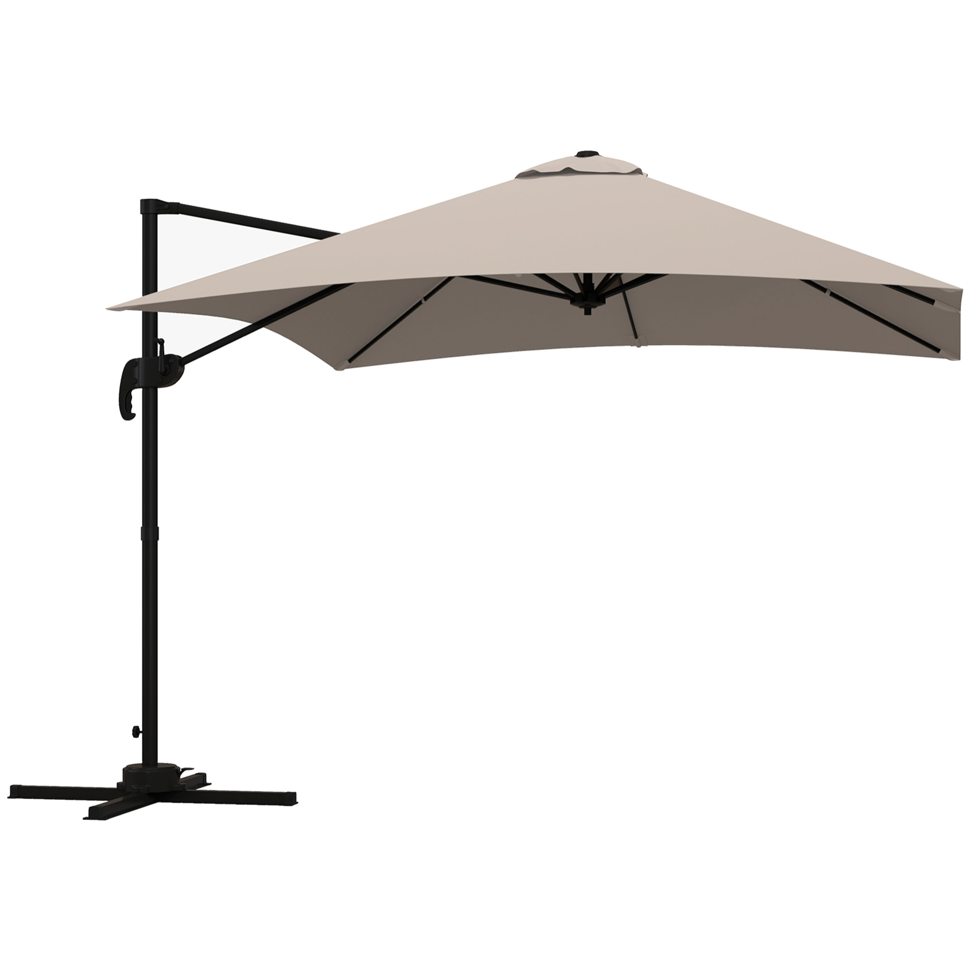 Parasol déporté carré inclinable pivotant 360° manivelle piètement acier dim. 2,95L x 2,95l x 2,66H m taupe