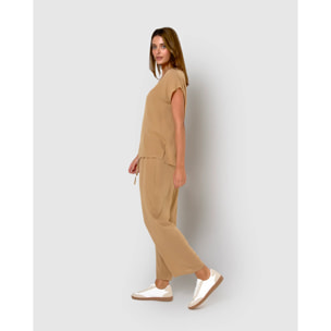 Camisa mujer bambula detalles plisados camel