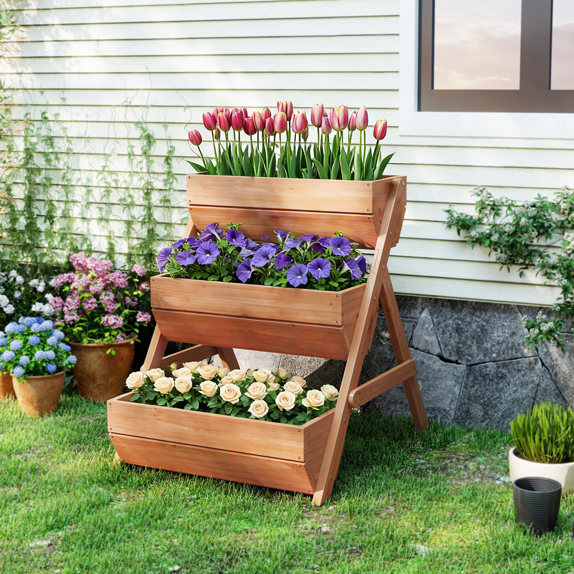Jardinera de Madera de 3 Niveles, Jardinera Elevada Exterior con Orificios de Drenaje, Macetero para Cultivos de Plantas, Flores, para Terraza, Jardín, 65x75x76 cm, Marrón