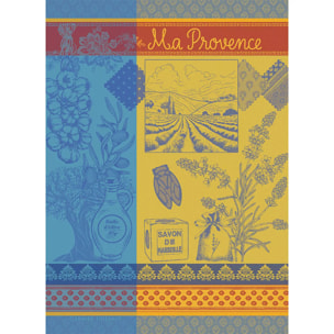 Torchon pur coton motif jacquard bleu jaune Ma provence curry